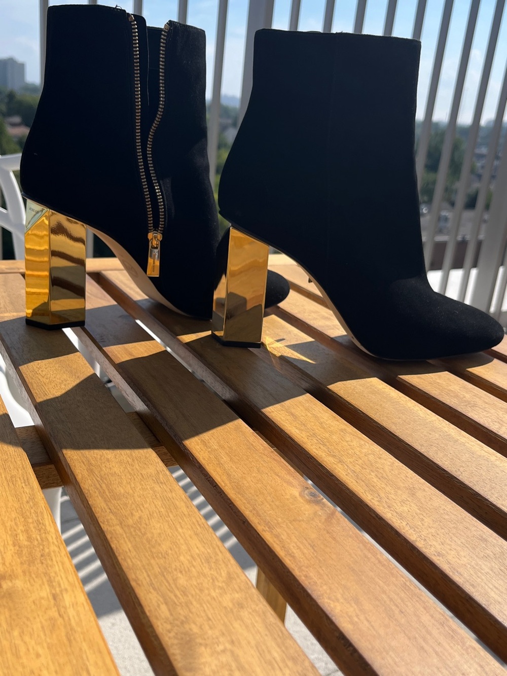 Michael Kors Black Suede Ankle Boots with Gold Heels – Size 11M
